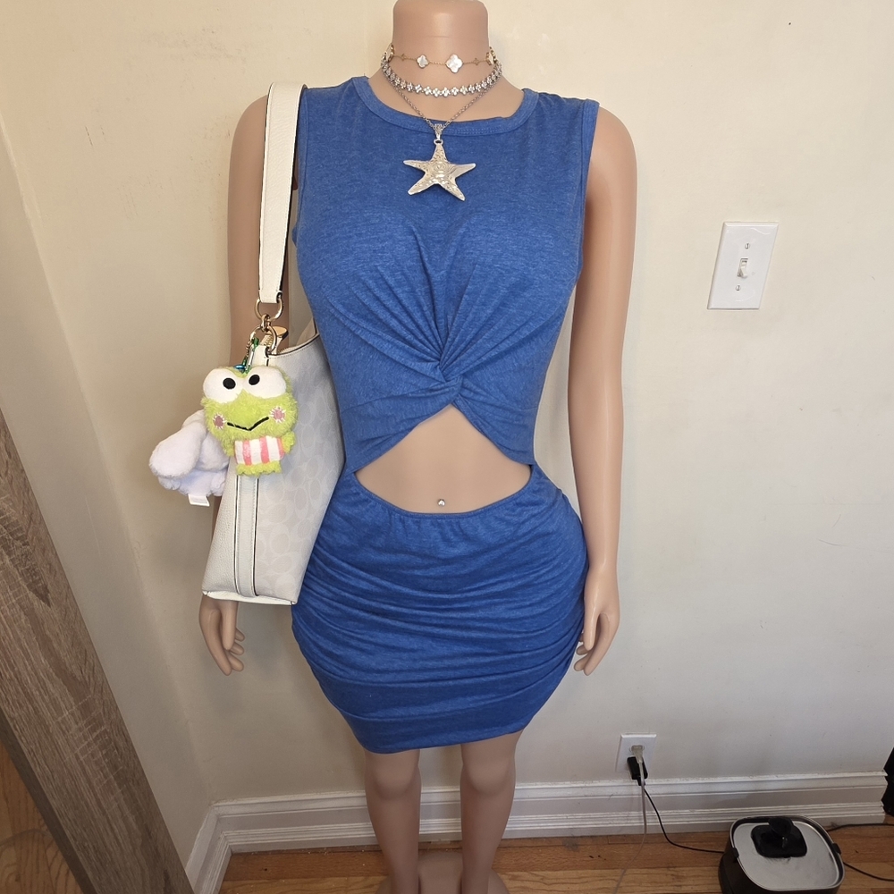 Blue Cut Out Faux Wrap Sleeveless Midi Dress